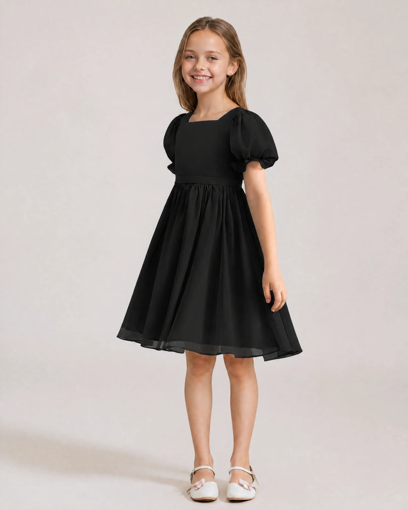 Black Chiffon A-line Flower Girl Dress Front View