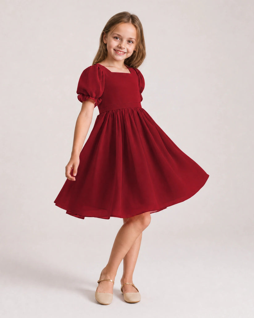Burgundy Chiffon A-line Flower Girl Dress Front View