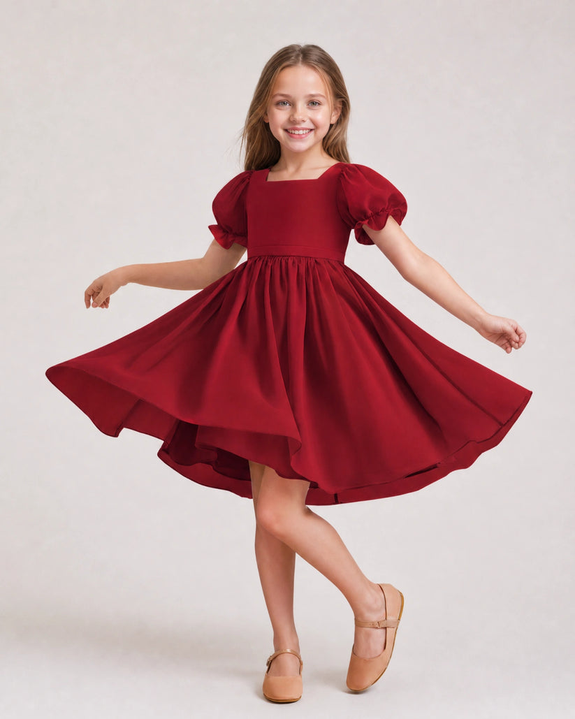Burgundy Satin A-line Flower Girl Dress Front View