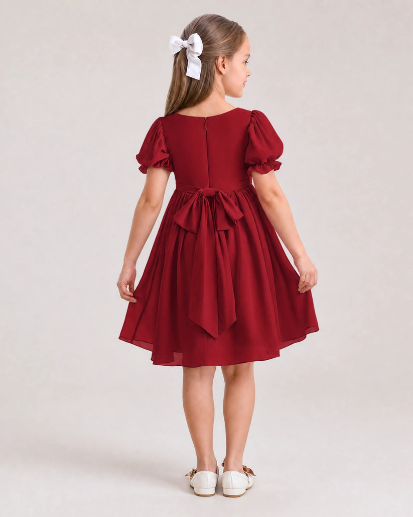 Burgundy Chiffon A-line Flower Girl Dress Back View