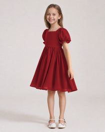 Dideyttawl Sage Green Chiffon Puff Sleeve Knee Length Flower Girl Dress Bow Back Junior Bridesmaid Dress