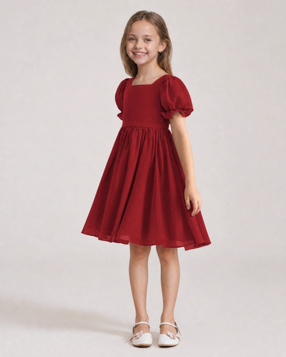 Dideyttawl Sage Green Chiffon Puff Sleeve Knee Length Flower Girl Dress Bow Back Junior Bridesmaid Dress