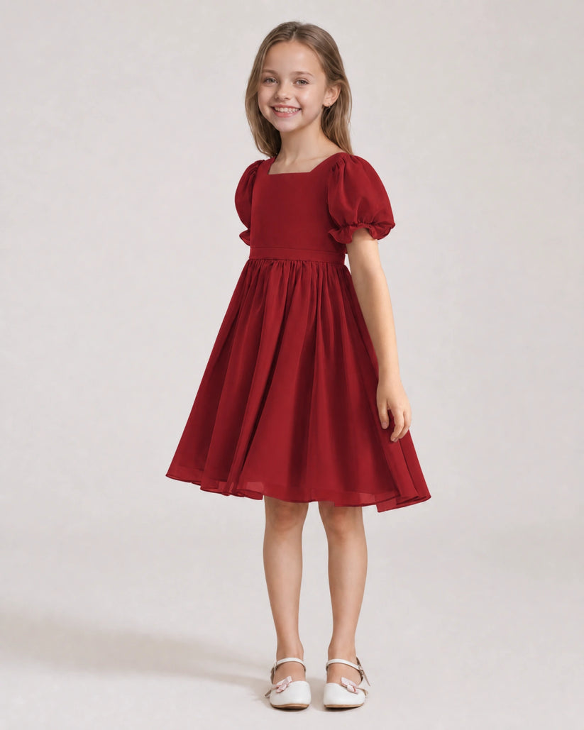 Burgundy Chiffon A-line Flower Girl Dress Front View