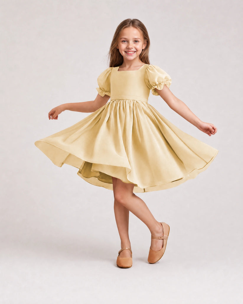 Champagne Satin A-line Flower Girl Dress Front View