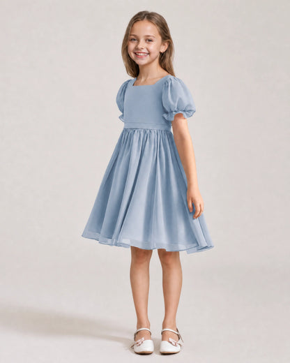 Dideyttawl Sage Green Chiffon Puff Sleeve Knee Length Flower Girl Dress Bow Back Junior Bridesmaid Dress