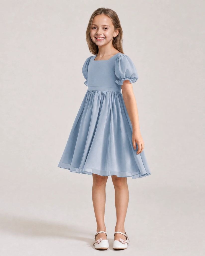 Dusty Blue Chiffon A-line Flower Girl Dress Front View