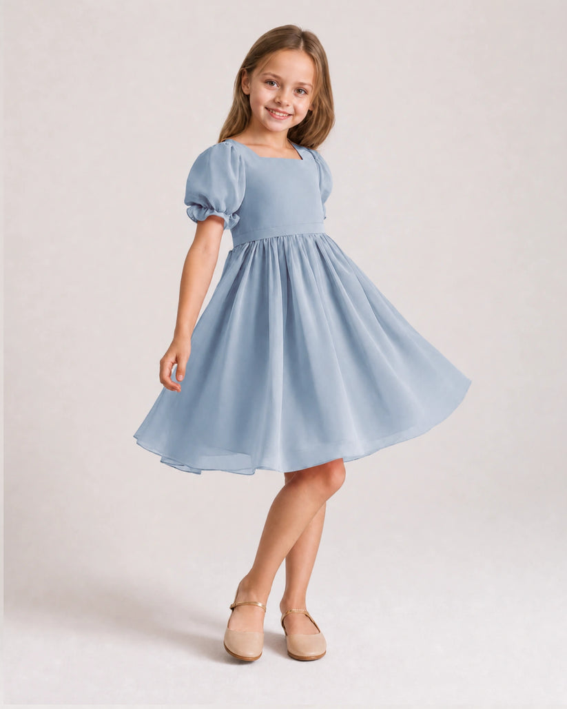 Dusty Blue Chiffon A-line Flower Girl Dress Front View