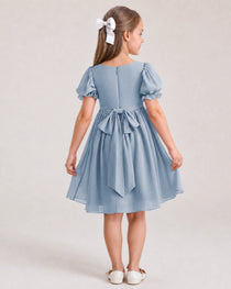 Dideyttawl Sage Green Chiffon Puff Sleeve Knee Length Flower Girl Dress Bow Back Junior Bridesmaid Dress