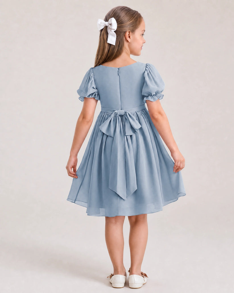 Dusty Blue Chiffon A-line Flower Girl Dress Back View