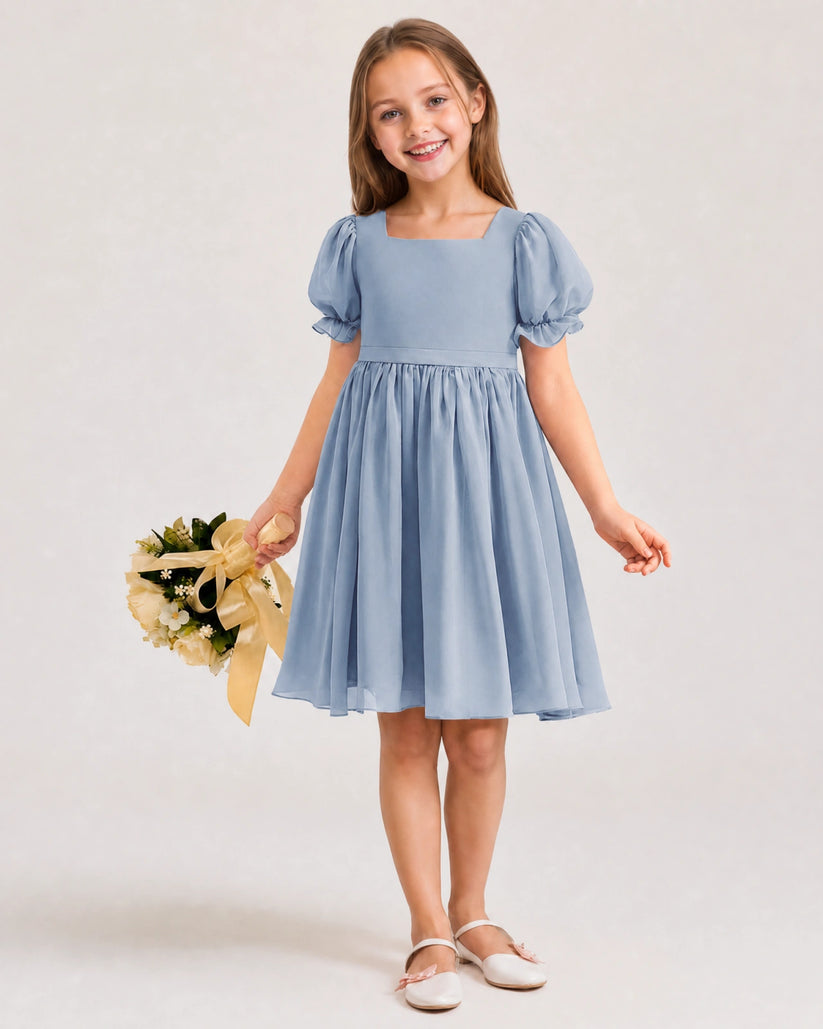Dusty Blue Chiffon A-line Flower Girl Dress Front View