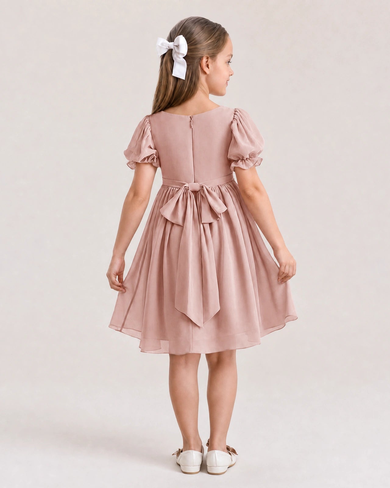 Dideyttawl Sage Green Chiffon Puff Sleeve Knee Length Flower Girl Dress Bow Back Junior Bridesmaid Dress