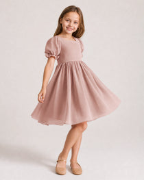 Dideyttawl Sage Green Chiffon Puff Sleeve Knee Length Flower Girl Dress Bow Back Junior Bridesmaid Dress