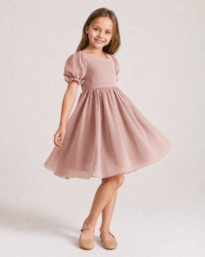 Dideyttawl Sage Green Chiffon Puff Sleeve Knee Length Flower Girl Dress Bow Back Junior Bridesmaid Dress