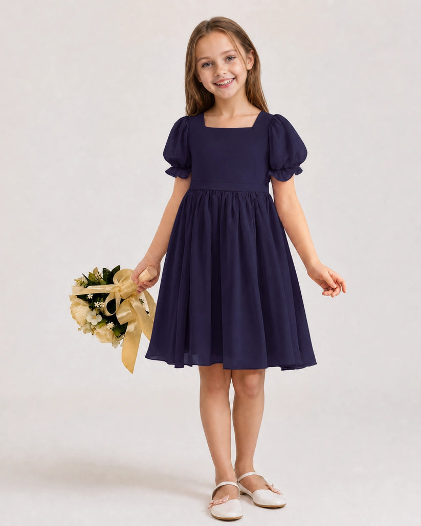 Navy Blue Chiffon A-line Flower Girl Dress Front View