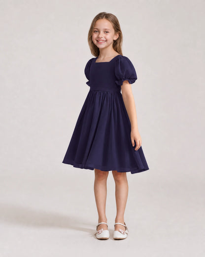 Dideyttawl Sage Green Chiffon Puff Sleeve Knee Length Flower Girl Dress Bow Back Junior Bridesmaid Dress