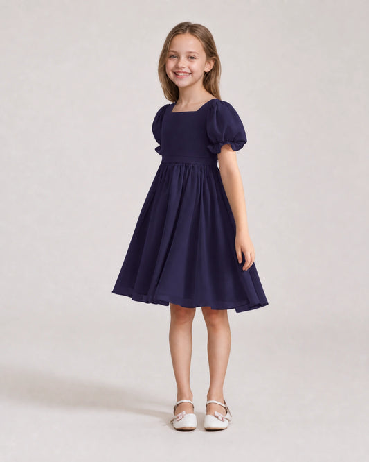 Navy Blue Chiffon A-line Flower Girl Dress Front View