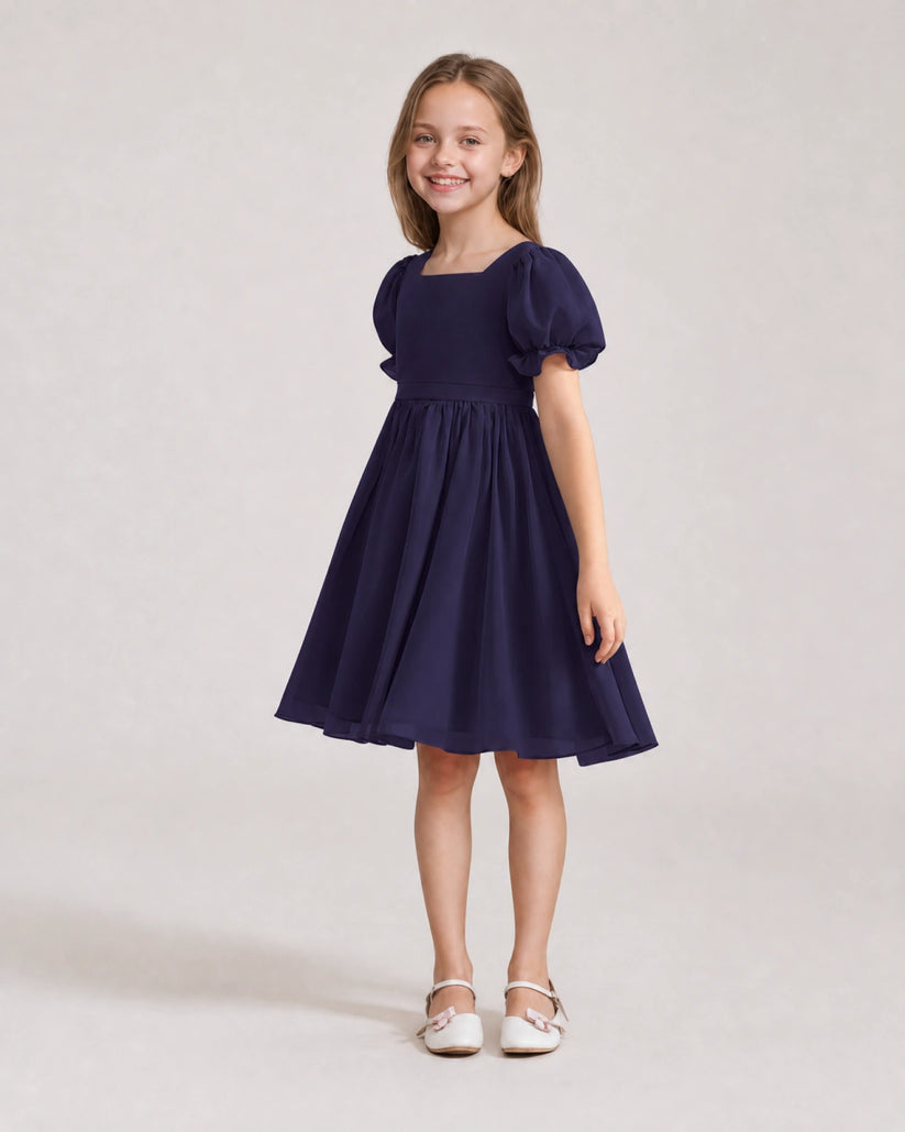 Navy Blue Chiffon A-line Flower Girl Dress Front View