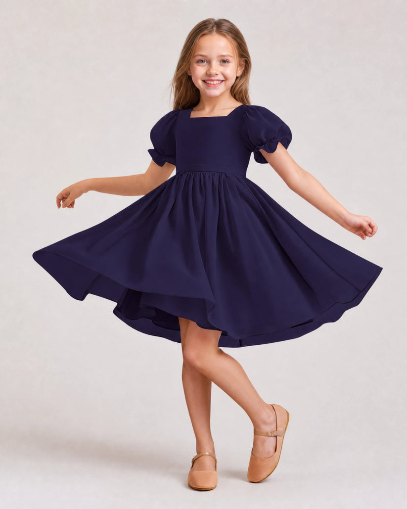 Navy Blue Chiffon A-line Flower Girl Dress Front View