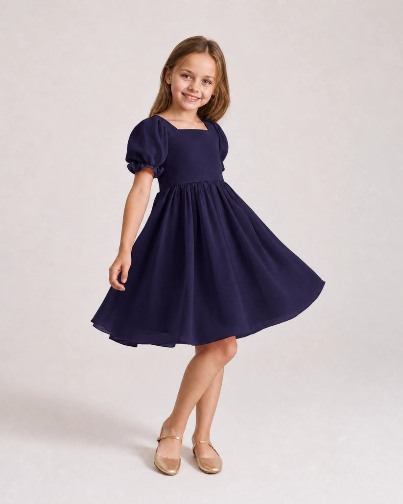 Navy Blue Chiffon A-line Flower Girl Dress Front View