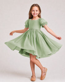 Dideyttawl Sage Green Chiffon Puff Sleeve Knee Length Flower Girl Dress Bow Back Junior Bridesmaid Dress