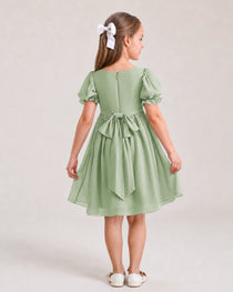 Dideyttawl Sage Green Chiffon Puff Sleeve Knee Length Flower Girl Dress Bow Back Junior Bridesmaid Dress