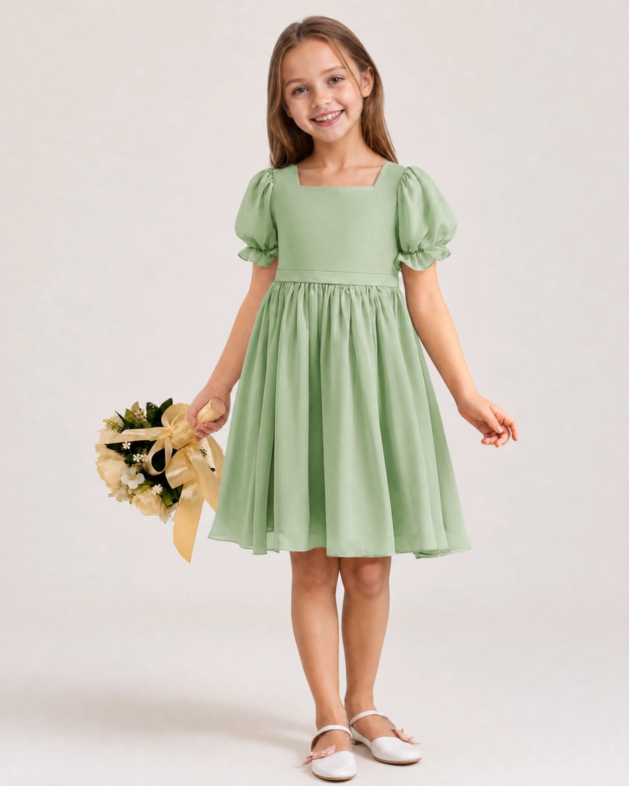 Dideyttawl Sage Green Chiffon Puff Sleeve Knee Length Flower Girl Dress Bow Back Junior Bridesmaid Dress Main image
