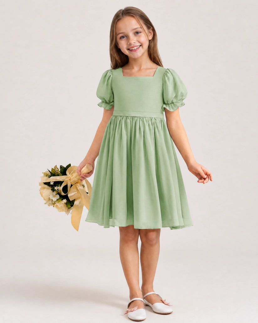 Sage Green Chiffon A-line Flower Girl Dress Front View