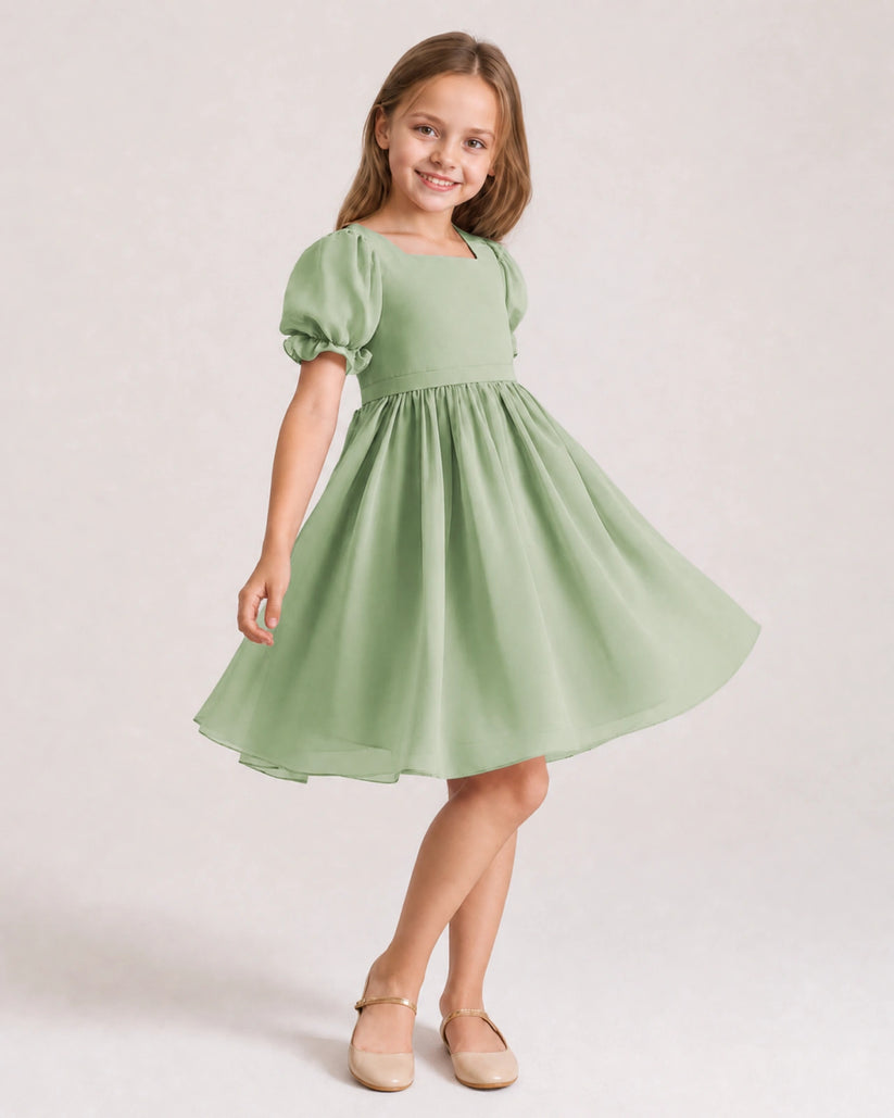 Sage Green Chiffon A-line Flower Girl Dress Front View