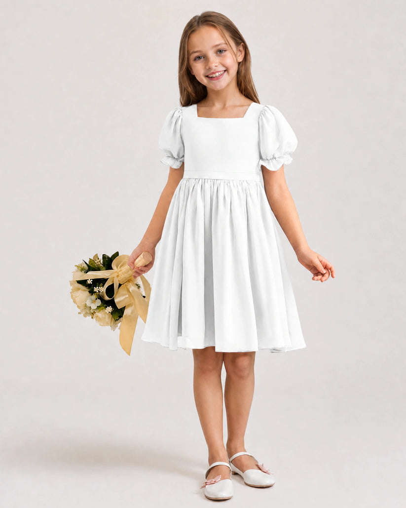 White Chiffon A-line Flower Girl Dress Front View
