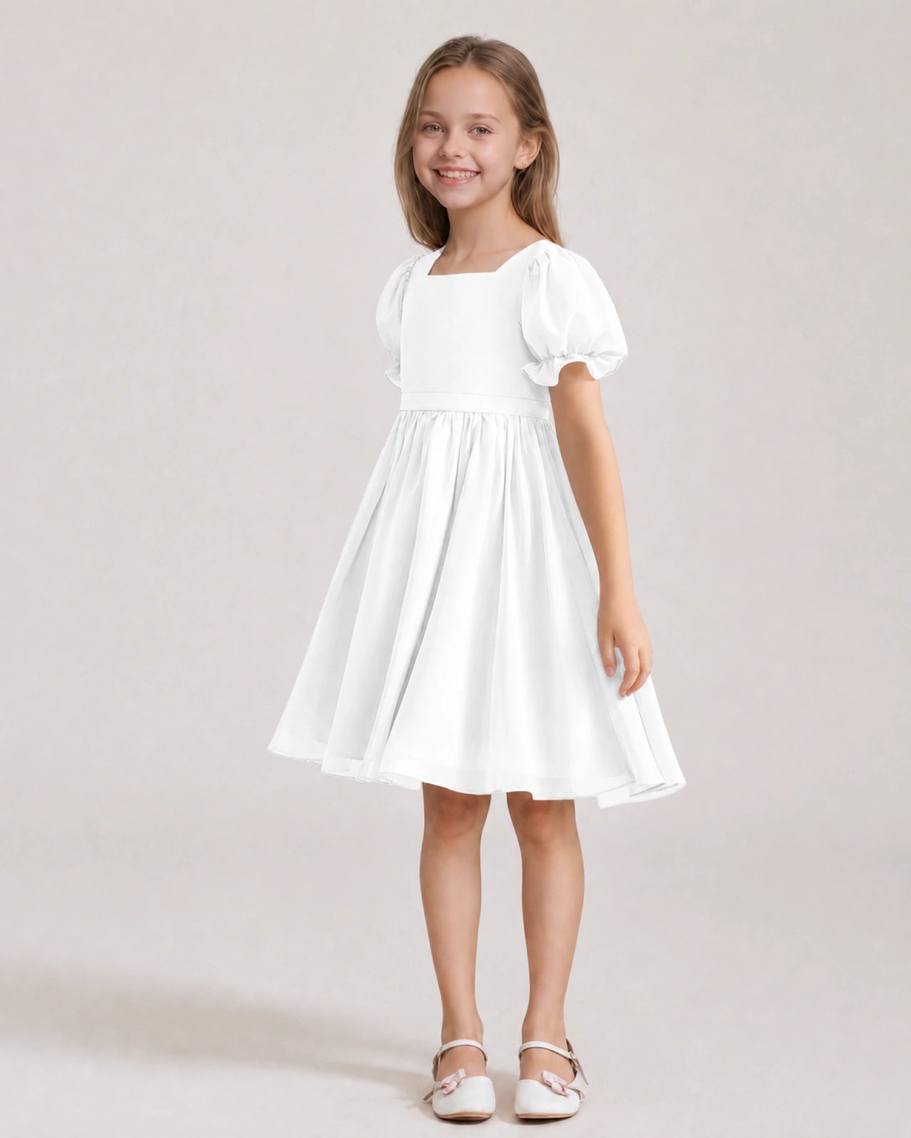 Dideyttawl Sage Green Chiffon Puff Sleeve Knee Length Flower Girl Dress Bow Back Junior Bridesmaid Dress