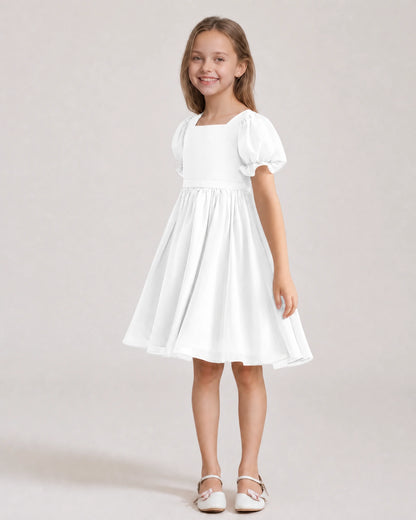 Dideyttawl Sage Green Chiffon Puff Sleeve Knee Length Flower Girl Dress Bow Back Junior Bridesmaid Dress