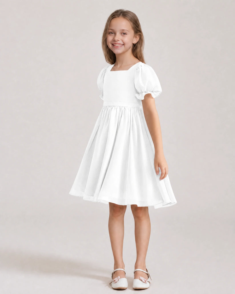 White Chiffon A-line Flower Girl Dress Front View