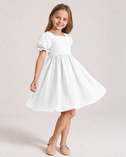 Dideyttawl Sage Green Chiffon Puff Sleeve Knee Length Flower Girl Dress Bow Back Junior Bridesmaid Dress