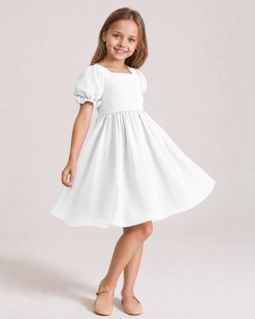 White Chiffon A-line Flower Girl Dress Front View