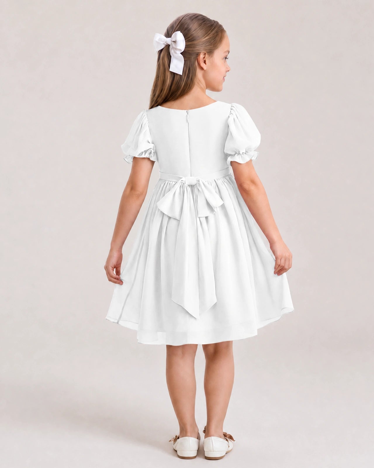Dideyttawl Sage Green Chiffon Puff Sleeve Knee Length Flower Girl Dress Bow Back Junior Bridesmaid Dress