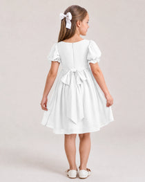Dideyttawl Sage Green Chiffon Puff Sleeve Knee Length Flower Girl Dress Bow Back Junior Bridesmaid Dress