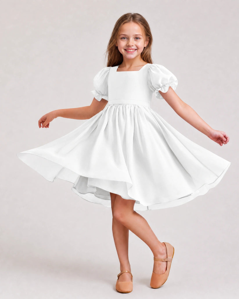 White Chiffon A-line Flower Girl Dress Front View