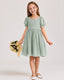 Dideyttawl Sage Green Chiffon Puff Sleeve Knee Length Flower Girl Dress Bow Back Junior Bridesmaid Dress