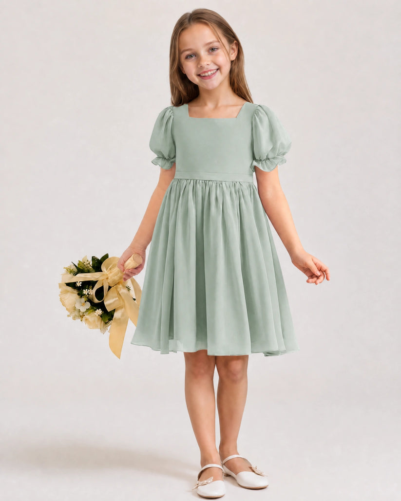 Agave Chiffon A-line Flower Girl Dress Front View