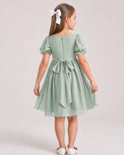 Dideyttawl Sage Green Chiffon Puff Sleeve Knee Length Flower Girl Dress Bow Back Junior Bridesmaid Dress