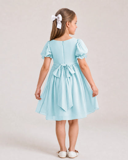 Dideyttawl Sage Green Chiffon Puff Sleeve Knee Length Flower Girl Dress Bow Back Junior Bridesmaid Dress
