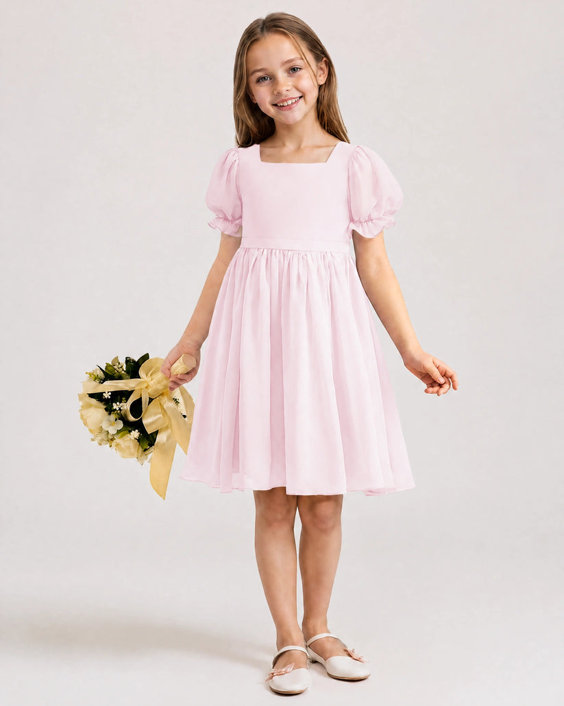 Blush Pink Chiffon A-line Flower Girl Dress Front View
