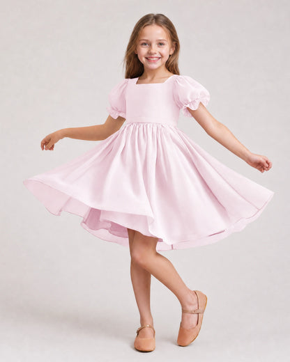 Dideyttawl Sage Green Chiffon Puff Sleeve Knee Length Flower Girl Dress Bow Back Junior Bridesmaid Dress
