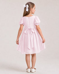 Dideyttawl Sage Green Chiffon Puff Sleeve Knee Length Flower Girl Dress Bow Back Junior Bridesmaid Dress