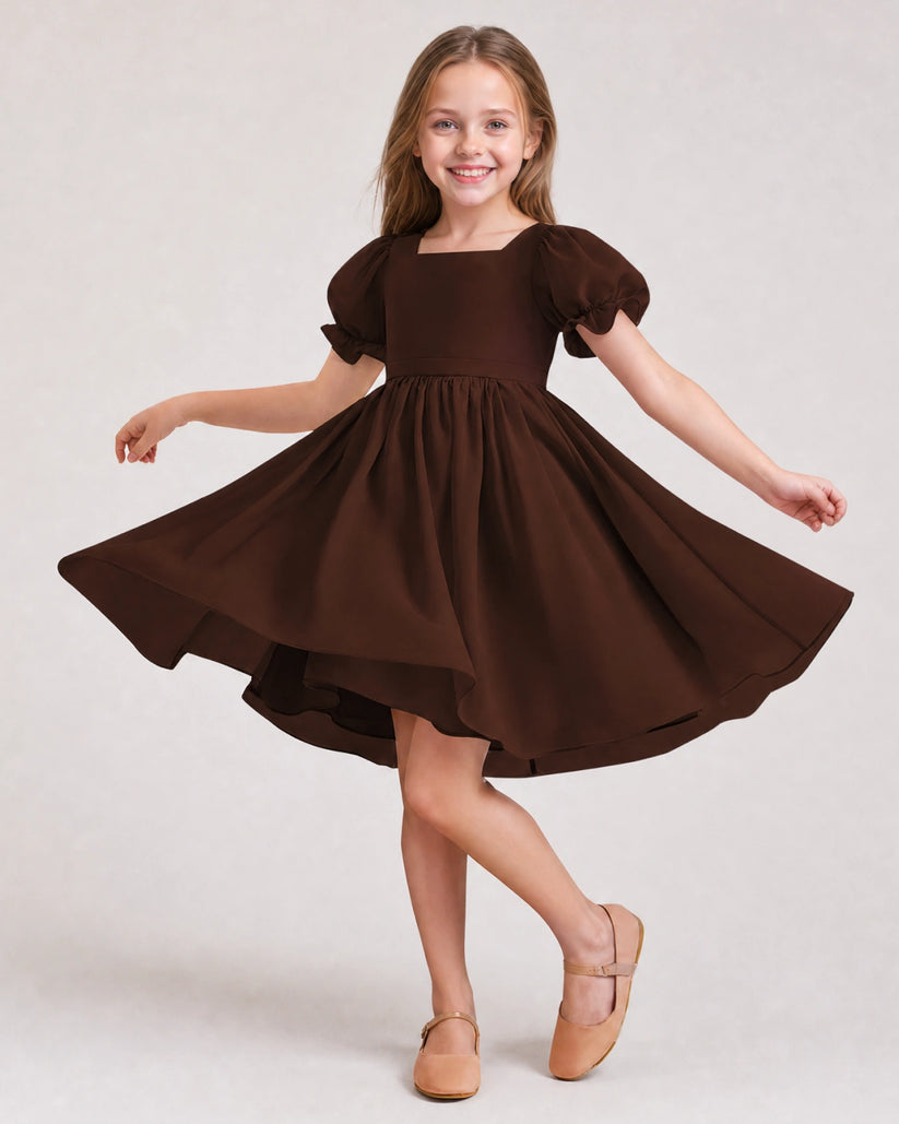 Brown Satin A-line Flower Girl Dress Front View