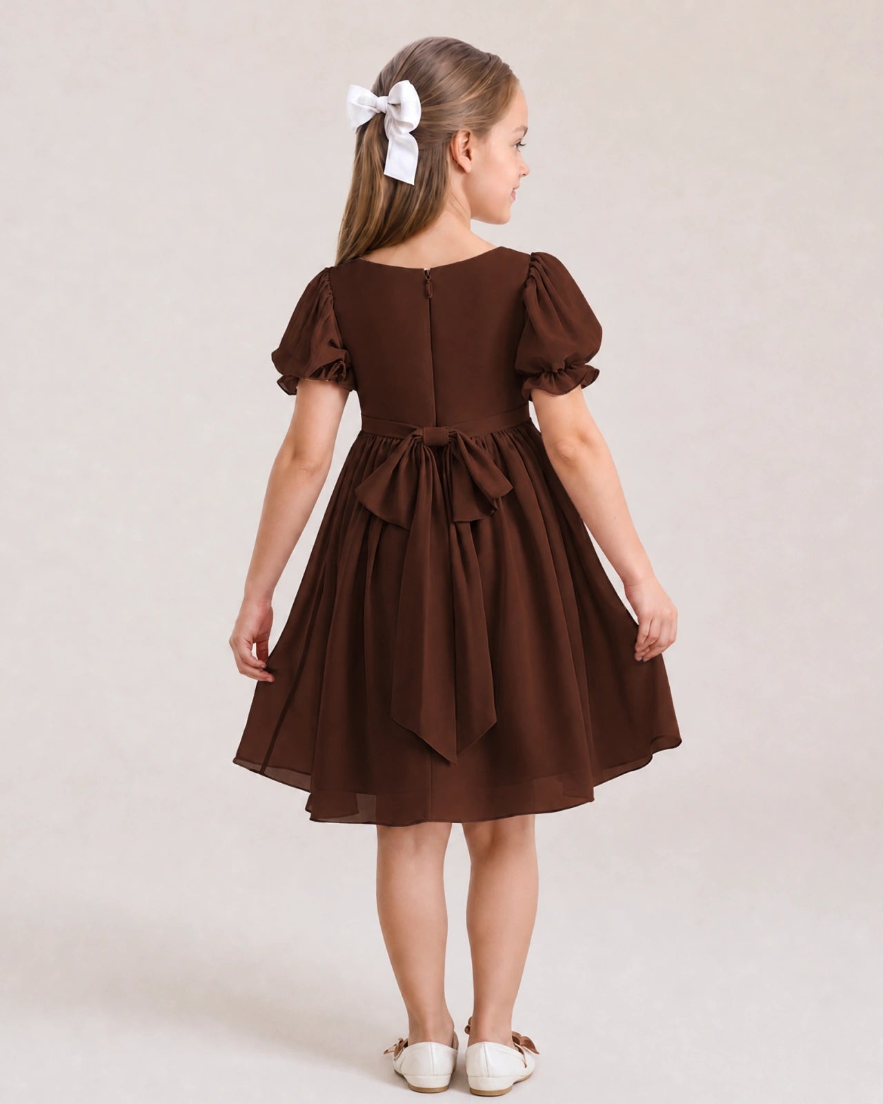 Dideyttawl Sage Green Chiffon Puff Sleeve Knee Length Flower Girl Dress Bow Back Junior Bridesmaid Dress