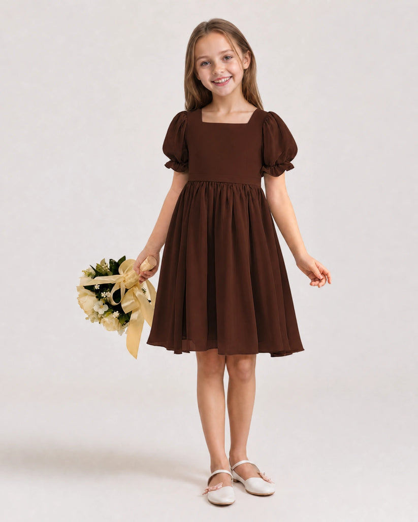 Brown Chiffon A-line Flower Girl Dress Front View