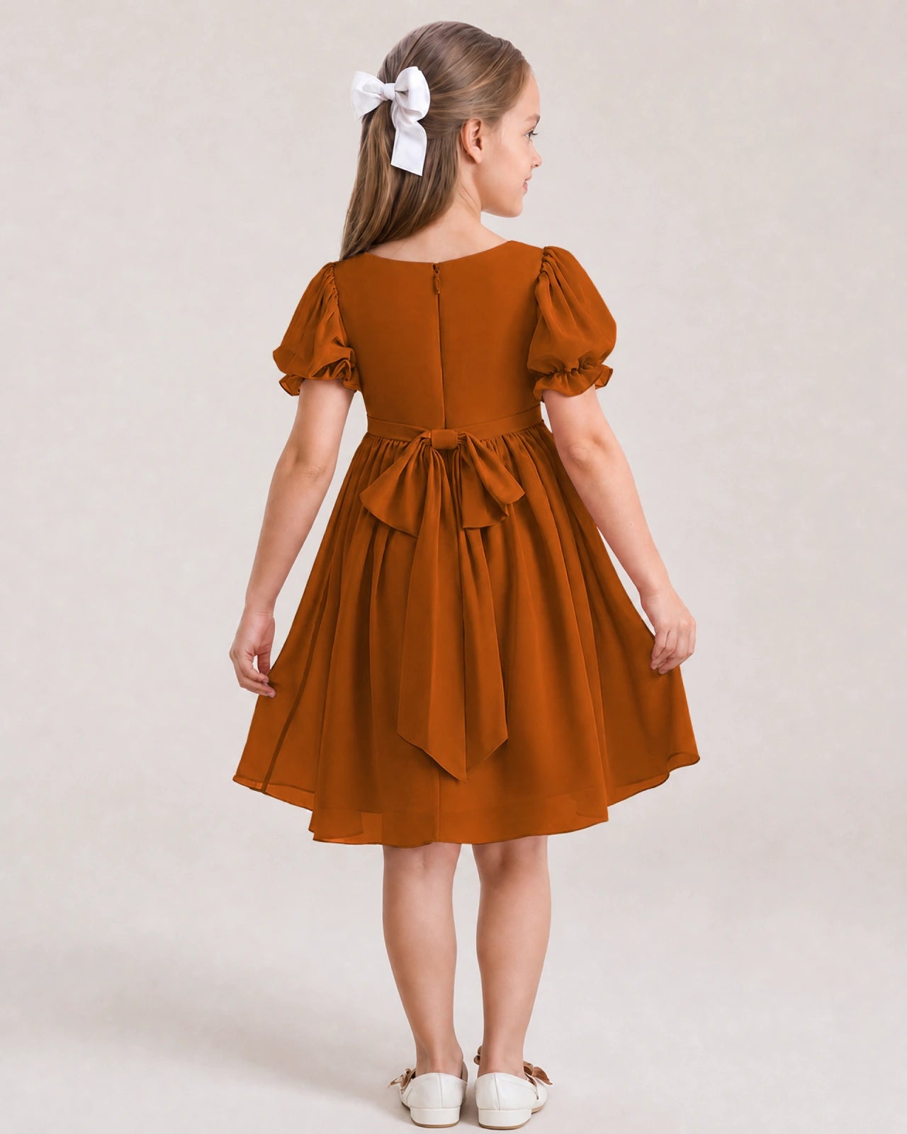 Dideyttawl Sage Green Chiffon Puff Sleeve Knee Length Flower Girl Dress Bow Back Junior Bridesmaid Dress