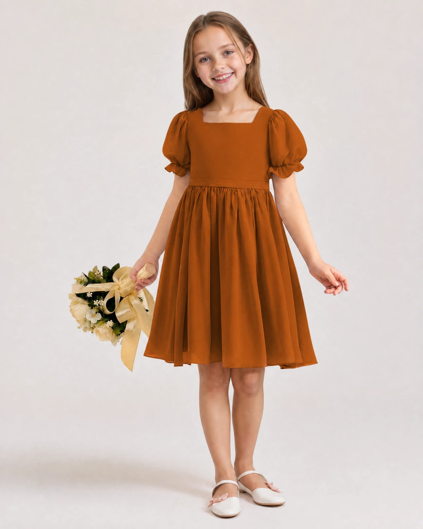 Burnt Orange Chiffon A-line Flower Girl Dress Front View