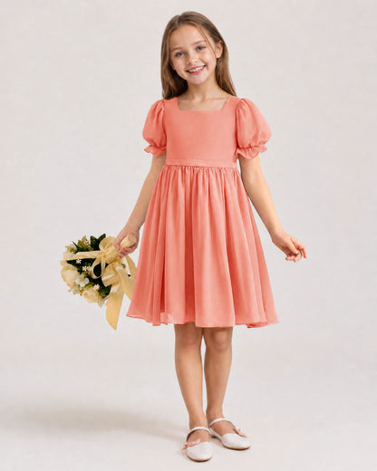 Dideyttawl Sage Green Chiffon Puff Sleeve Knee Length Flower Girl Dress Bow Back Junior Bridesmaid Dress